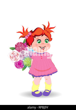 Illustrazione della cute Bambina in abito rosa con mazzo di fiori isolati su sfondo bianco. Kawaii Baby Character Clip Art per compleanno Greetin Foto Stock