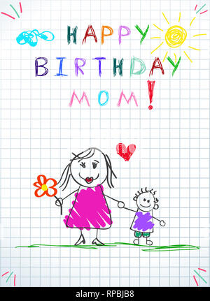 Buon compleanno mom. Bambini colorati disegnati a mano illustrazione di madre e figlio insieme detengono fiori, cuore tra. Taccuino a quadretti del foglio di carta. Foto Stock