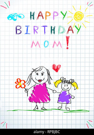 Buon compleanno mom. Bambini colorati disegnati a mano illustrazione della madre e figlia insieme detengono fiori, cuore tra. Taccuino a quadretti del foglio P Foto Stock