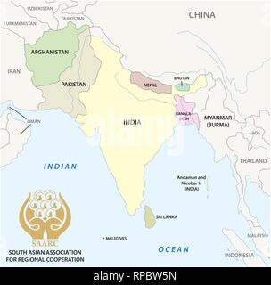 South Asian Associazione per la cooperazione regionale (SAARC) mappa vettoriale con logo Illustrazione Vettoriale