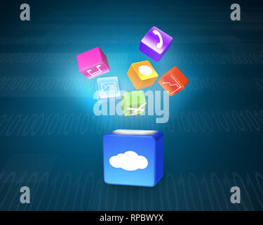 Il Cloud casella colorata illumina le icone delle app galleggiante sul background tecnico Foto Stock