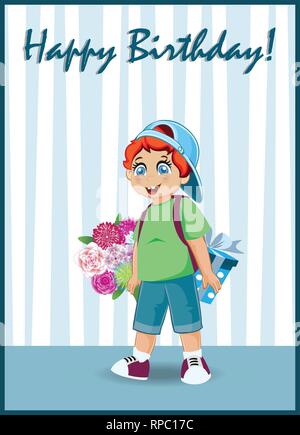 Buon compleanno Biglietto di Auguri di Carino Little Red Head Boy con mazzetto di fiori belli e confezione regalo stare in camera con carta da parati a strisce. Kawaii Baby C Illustrazione Vettoriale