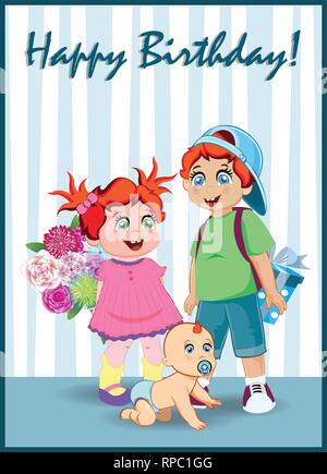 Buon compleanno Biglietto di Auguri di Cartoon carino Kids Caratteri grandi Holding confezione regalo e bouquet di fiori su sfondo a strisce. Illustrazione Vettoriale, Kawa Illustrazione Vettoriale