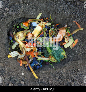 Rifiuti domestici per compost da frutta e verdura in giardino. Foto Stock