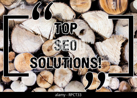 La scrittura della nota mostra Top Seo soluzioni. Business photo presentazione di metodologia delle tecniche per aumentare la quantità di visitatori lo sfondo di legno vintage w Foto Stock