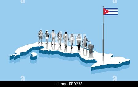 Cittadini cubani sono il voto in urne su una mappa di Cuba. Tutti gli oggetti, le ombre e lo sfondo sono in diversi strati. Illustrazione Vettoriale