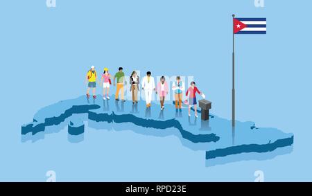 Cittadini cubani sono il voto alle elezioni su una mappa di Cuba. Tutti gli oggetti, le ombre e lo sfondo sono in diversi strati. Illustrazione Vettoriale