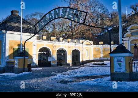 Hazelius ingresso al museo all'aperto Skansen, Djurgarden, Stoccolma, Svezia e Scandinavia Foto Stock