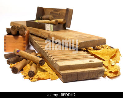 Sigari con stampa e foglie di tabacco su sfondo bianco Foto Stock