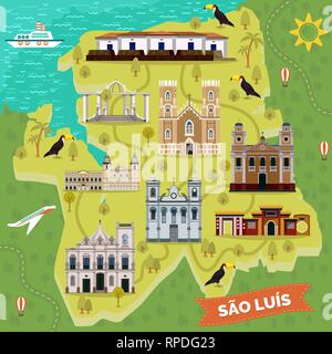 I punti di riferimento sulla mappa di Sao Luis. Brasile visite turistiche Illustrazione Vettoriale