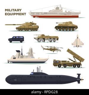 Set di esercito isolato o veicolo militare,serbatoio,nave Illustrazione Vettoriale