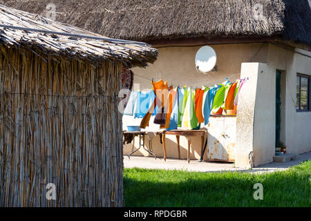 Case tradizionali con tetti di reed e lavato i vestiti lasciati ad asciugare su un filo nel vento, vicino a Constanta, Romania, sulle rive del Mar Nero Foto Stock