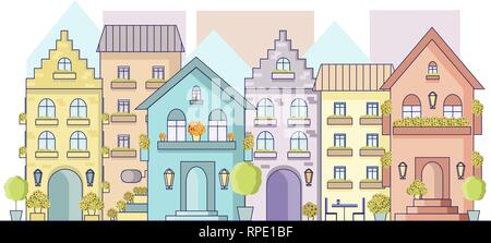 Paesaggio urbano del vettore della vecchia Europa street in stile appartamento. Vista sulle facciate di edifici in Europa Illustrazione Vettoriale