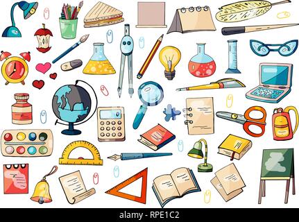 Grande set di disegnati a mano articoli di cancelleria isolati su sfondo bianco Illustrazione Vettoriale