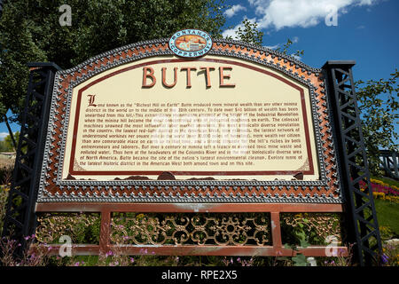 Segno che descrive la storia delle miniere in Butte, Montana Foto Stock