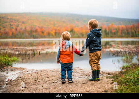 Fratelli tenendo le mani in un campeggio si trova nelle White Mountains stagno a gomito, NH durante la caduta Foto Stock
