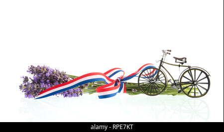 Fiori di lavanda, bandiera francese e bike isolate su sfondo bianco Foto Stock