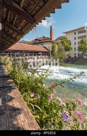 Untere Schleuse ponte di legno, Thun, Svizzera Foto Stock