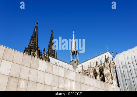 Le guglie della cattedrale di Colonia dietro il germaniche-Museum di Colonia, Germania Foto Stock