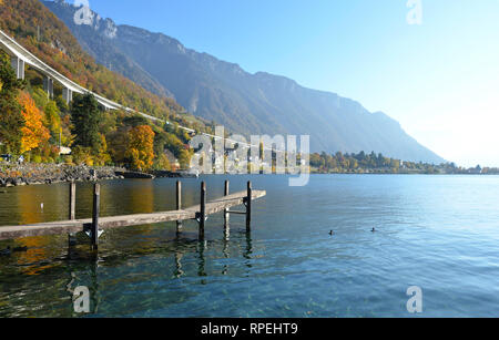 Piccolo molo in legno sul Lago di Ginevra, Svizzera Foto Stock