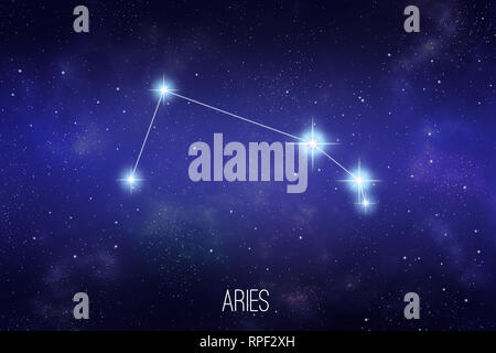 Aries costellazione zodiacale su un spazio stellato sfondo con scritte Foto Stock