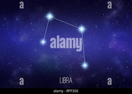 Libra costellazione zodiacale su un spazio stellato sfondo con scritte Foto Stock
