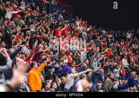 Foto di Claudio Grassi/LaPresse 21 febbraio 2019 Assago (MI) Italia sport basket AX Armani Exchange Olimpia Milano vs FOX Maccabi Tel Aviv - Turkish Airlines Eurolega 2018/2019 - Mediolanum Forum. Nella foto: L&#x2019;esultanza dei tifosi di Milano Foto Claudio Grassi/LaPresse Febbraio 21, 2019 Assago (MI) Italia sport basket AX Armani Exchange Olimpia Milano vs FOX Maccabi Tel Aviv - Turkish Airlines EuroLeague 2018/2019 - Mediolanum Forum. nel pic: Olimpia sostenitori esultanza Foto Stock