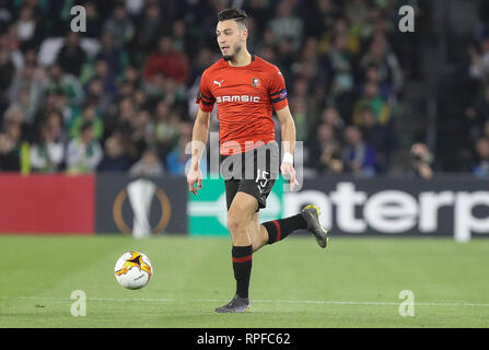 Siviglia, Spagna. Il 21 febbraio, 2019. Ramy Bensebaini di Stade Rennais durante la UEFA Europa League, round di 32, seconda gamba partita di calcio tra il Real Betis Balompie e Stade Rennais nel febbraio 21, 2019 a Estadio Benito Villamarin in Sevilla, Spagna - Photo Laurent Lairys / MAXPPP Credito: Laurent Lairys/Agence Locevaphotos/Alamy Live News Foto Stock