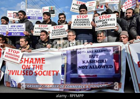 Srinagar Kashmir. 22 feb 2019. Membri del Kashmir, Camera di Commercio e Industria (KCCI) sono visti tenendo cartelli e striscioni durante la protesta a Srinagar.proteste scoppiò a Srinagar contro i molteplici attacchi a del Kashmir nel Jammu e in altre parti del paese in seguito all'attacco militante su un paramilitare riserva centrale forza di polizia (CRPF) convoglio nel sud del Kashmir uccidendo 40 troopers su Feb 14. Credito: Saqib Majeed SOPA/images/ZUMA filo/Alamy Live News Foto Stock