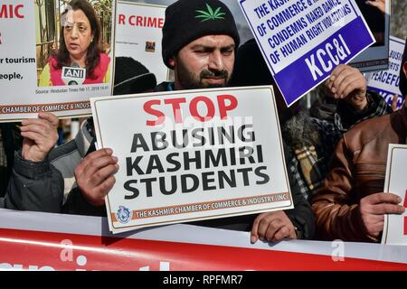 Srinagar Kashmir. 22 feb 2019. Un membro del Kashmir, Camera di Commercio e Industria (KCCI) visto tenendo un cartello dicendo stop abusando del Kashmir studenti durante la protesta a Srinagar.proteste scoppiò a Srinagar contro i molteplici attacchi a del Kashmir nel Jammu e in altre parti del paese in seguito all'attacco militante su un paramilitare riserva centrale forza di polizia (CRPF) convoglio nel sud del Kashmir uccidendo 40 troopers su Feb 14. Credito: Saqib Majeed SOPA/images/ZUMA filo/Alamy Live News Foto Stock