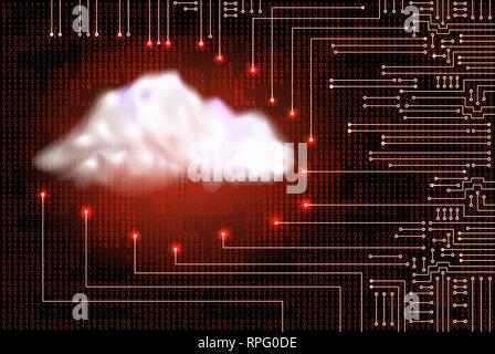 Disegno moderno circuito elettronico digitale con il concetto di cloud e codice binario. Memorizzazione di dati per il concetto di sistema elettronico. Illustrazione Vettoriale