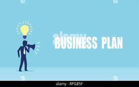 Business plan strategia, concetto di missione. Vettore di un imprenditore con idee innovative in esecuzione di un annuncio in megafono. Illustrazione Vettoriale