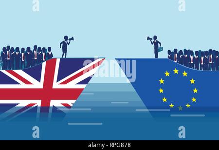 Negoziati Brexit folla e concetto di manipolazione. Vettore di un Britannico e di navi dell'Unione europea con i leader di negoziare un affare di uscita, seguita da CR Illustrazione Vettoriale