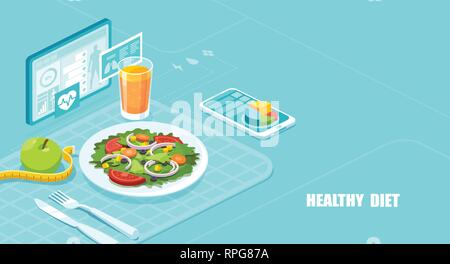 Una dieta salutare e programma di perdita di peso del concetto. Vettore isometrica di una nutrizione app mostra fatti di nutrizione e di assistere nel conteggio delle calorie di un pasto Illustrazione Vettoriale