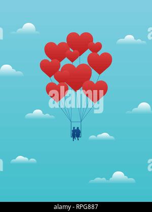 Vettore il giorno di san valentino card con coppia su swing portato lontano dal cuore rosso palloncini. Illustrazione Vettoriale