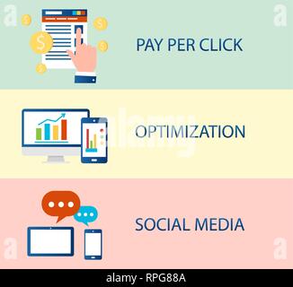 SEO pubblicità online concetto. Set di vettore pay per click interfaccia, ricerca di ottimizzazione, il social media marketing Illustrazione Vettoriale