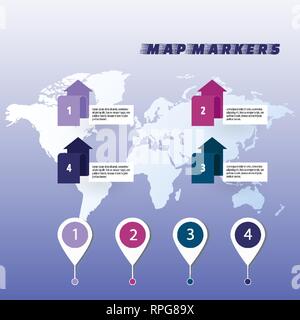 Mappa icona del puntatore EPS vettoriali 10, segno astratto design piatto con mappa del mondo Illustrazione Vettoriale