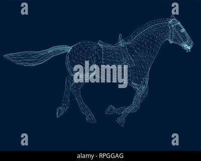 Wireframe di esecuzione di un cavallo. Cavallo poligonale di linee blu acceso. Illustrazione Vettoriale. Illustrazione Vettoriale