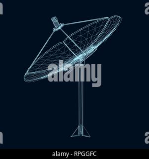 Wireframe parabola satellitare vettore 3D. Poligonale parabola satellitare delle linee blu su uno sfondo scuro. Isolato parabola satellitare. Illustrazione Vettoriale. Illustrazione Vettoriale