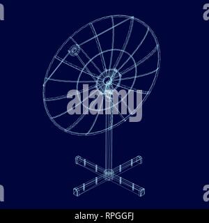 Wireframe parabola satellitare vettore 3D. Poligonale parabola satellitare delle linee blu su uno sfondo scuro. Isolato parabola satellitare. Illustrazione Vettoriale. Illustrazione Vettoriale