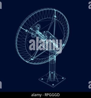 Wireframe parabola satellitare vettore 3D. Poligonale parabola satellitare delle linee blu su uno sfondo scuro. Isolato parabola satellitare. Illustrazione Vettoriale. Illustrazione Vettoriale