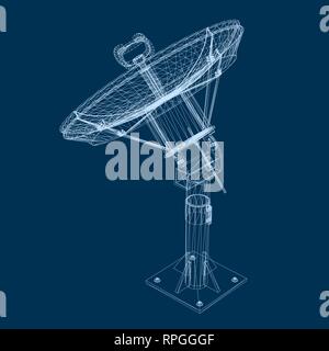 Wireframe parabola satellitare vettore 3D. Poligonale parabola satellitare delle linee blu su uno sfondo scuro. Isolato parabola satellitare. Illustrazione Vettoriale. Illustrazione Vettoriale