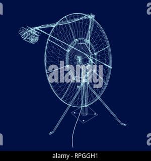 Wireframe parabola satellitare vettore 3D. Poligonale parabola satellitare delle linee blu su uno sfondo scuro. Isolato parabola satellitare. Illustrazione Vettoriale. Illustrazione Vettoriale