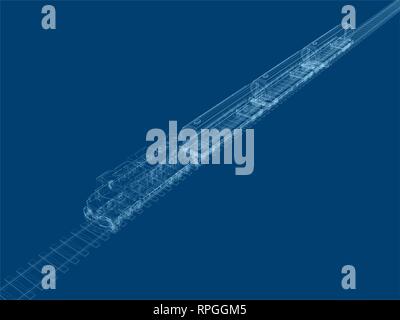 Treno su rotaie con serbatoi. Wireframe treno delle linee blu su uno sfondo scuro. Treno poligonale con serbatoi carburante in isometrico. 3D. Illustrazione Vettoriale. Illustrazione Vettoriale