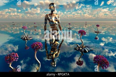 Android robotico a piedi attraverso il suo giardino Foto Stock