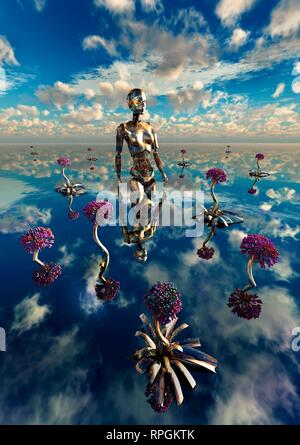 Android robotico a piedi attraverso il suo giardino Foto Stock