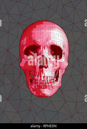Cranio poligonale di disegno con penna e inchiostro stile su rosso e grigio Sfondo poligonale Foto Stock