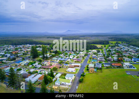 Vista aerea di Harrington cittadina sulla costa nord del Nuovo Galles del Sud, Australia Foto Stock