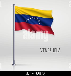 Sventola bandiera del Venezuela sul pennone. Modello per il giorno di indipendenza il design di poster Illustrazione Vettoriale