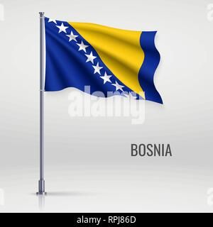 Sventola bandiera della Bosnia ed Erzegovina sul pennone. Modello per il giorno di indipendenza il design di poster Illustrazione Vettoriale